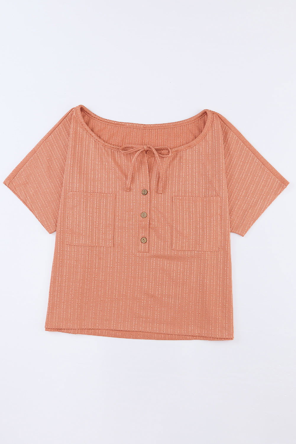 Orange Notched V Neck Buttoned Front Textured Loose Top - Vesteeto