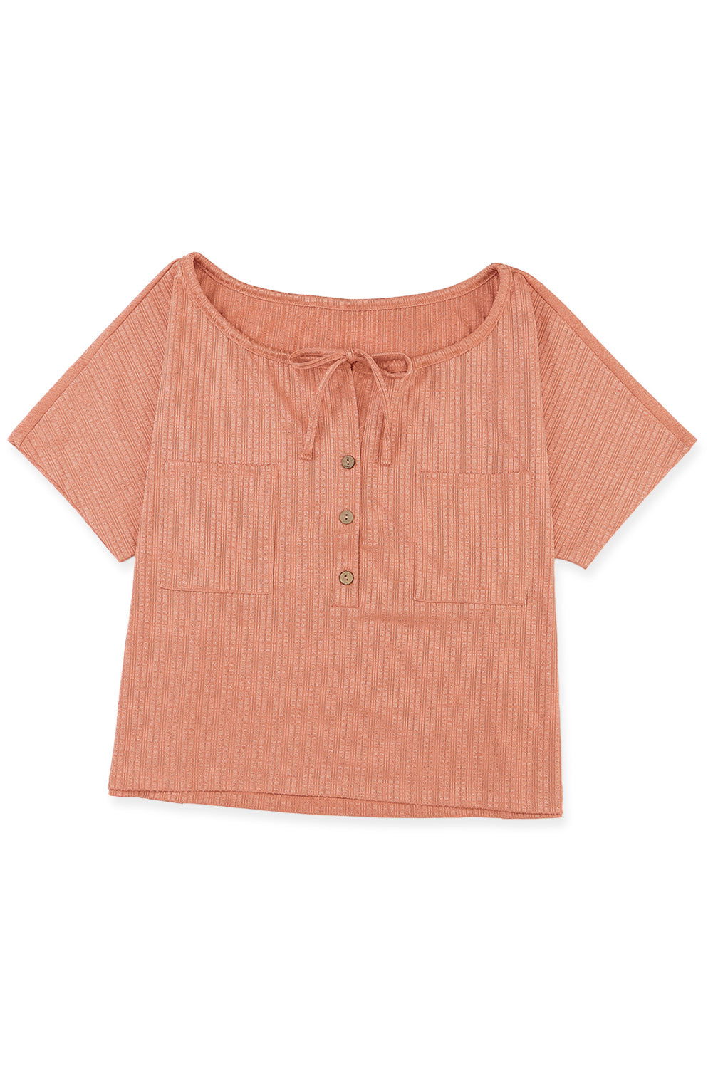 Orange Notched V Neck Buttoned Front Textured Loose Top - Vesteeto