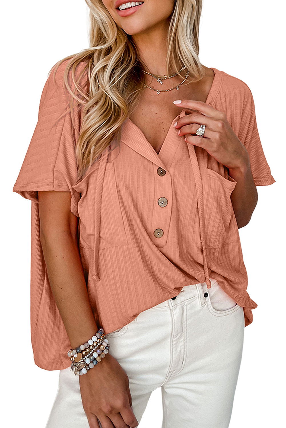 Orange Notched V Neck Buttoned Front Textured Loose Top - Vesteeto