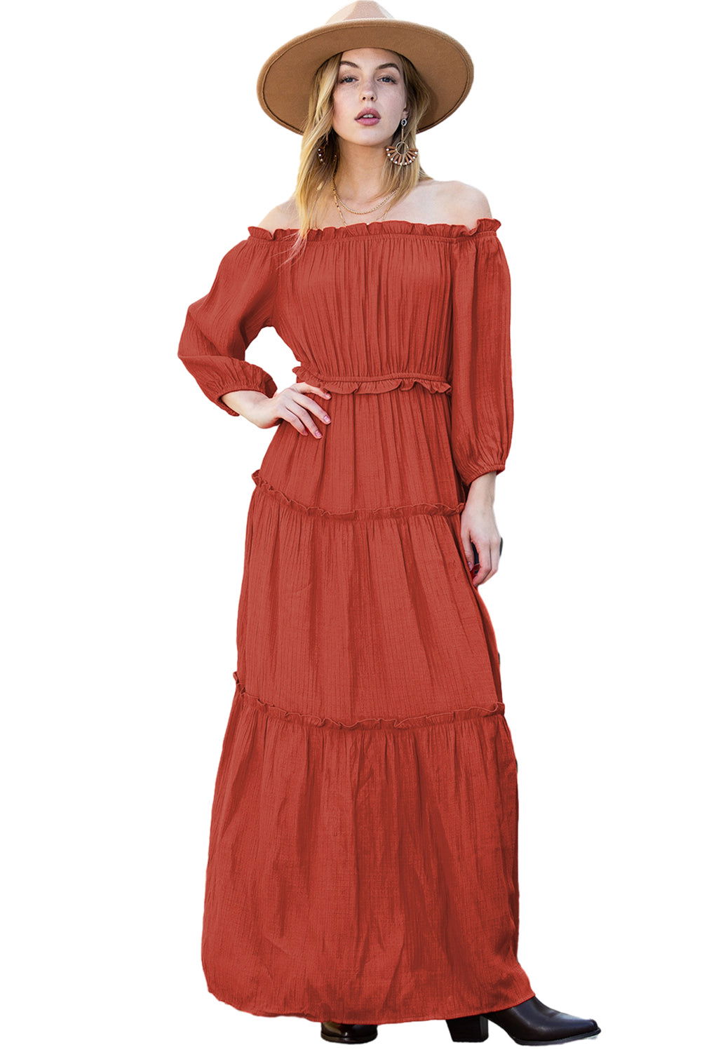 Orange Off Shoulder Balloon Sleeve Cutout Ruffled Maxi Dress - Vesteeto