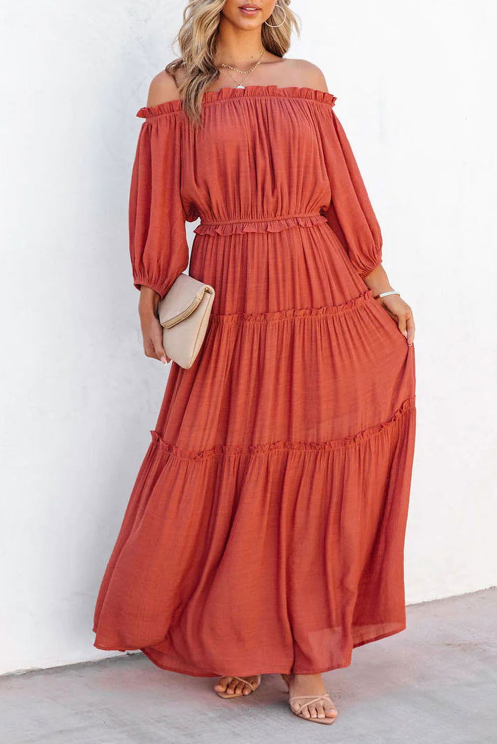 Orange Off Shoulder Balloon Sleeve Cutout Ruffled Maxi Dress - Vesteeto