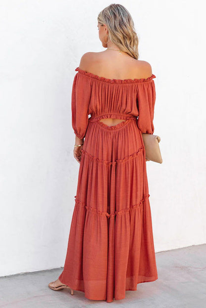 Orange Off Shoulder Balloon Sleeve Cutout Ruffled Maxi Dress - Vesteeto