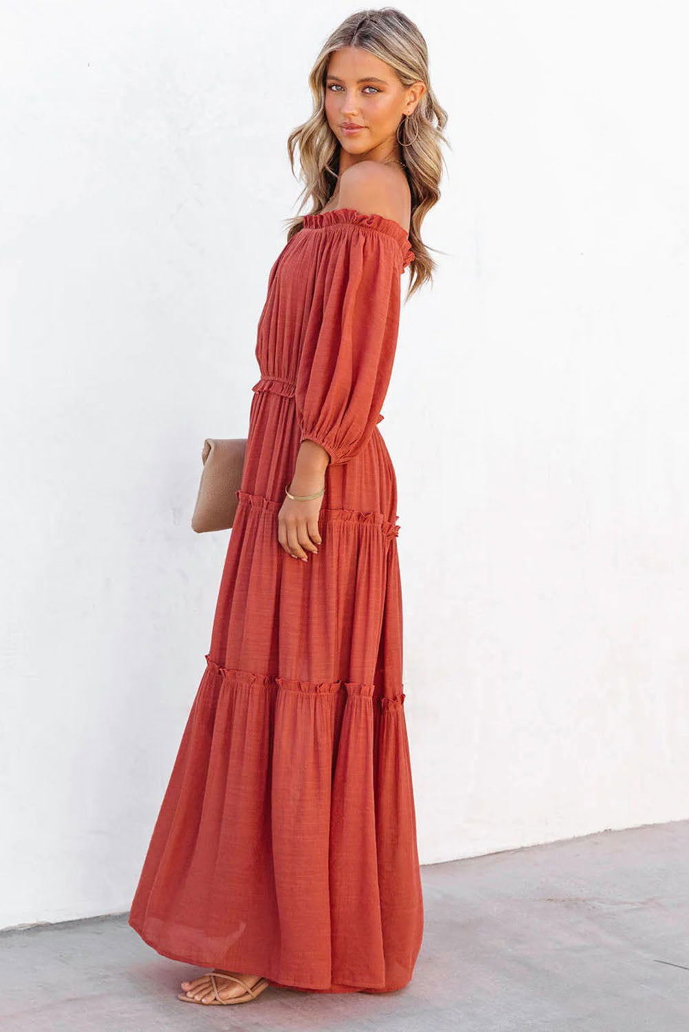 Orange Off Shoulder Balloon Sleeve Cutout Ruffled Maxi Dress - Vesteeto