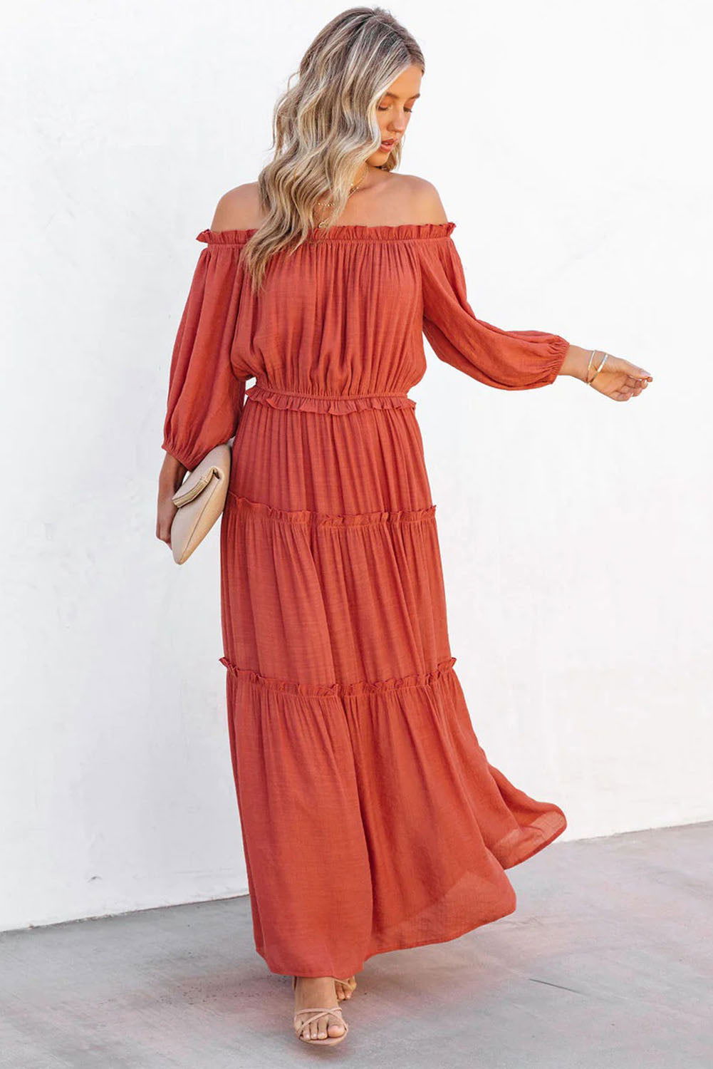 Orange Off Shoulder Balloon Sleeve Cutout Ruffled Maxi Dress - Vesteeto