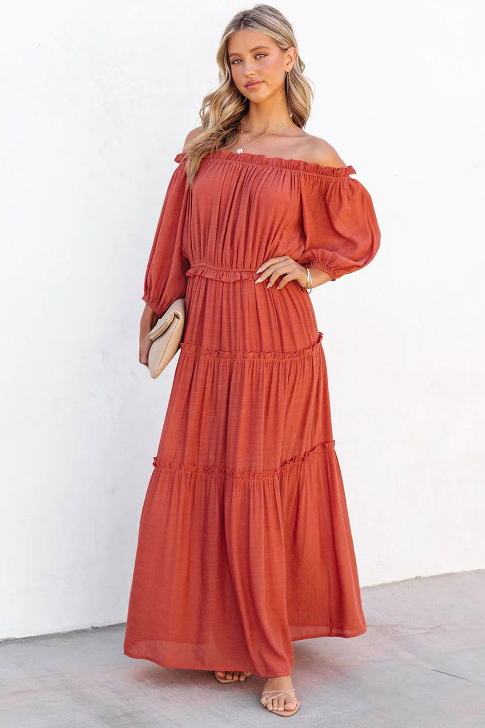 Orange Off Shoulder Balloon Sleeve Cutout Ruffled Maxi Dress - Vesteeto