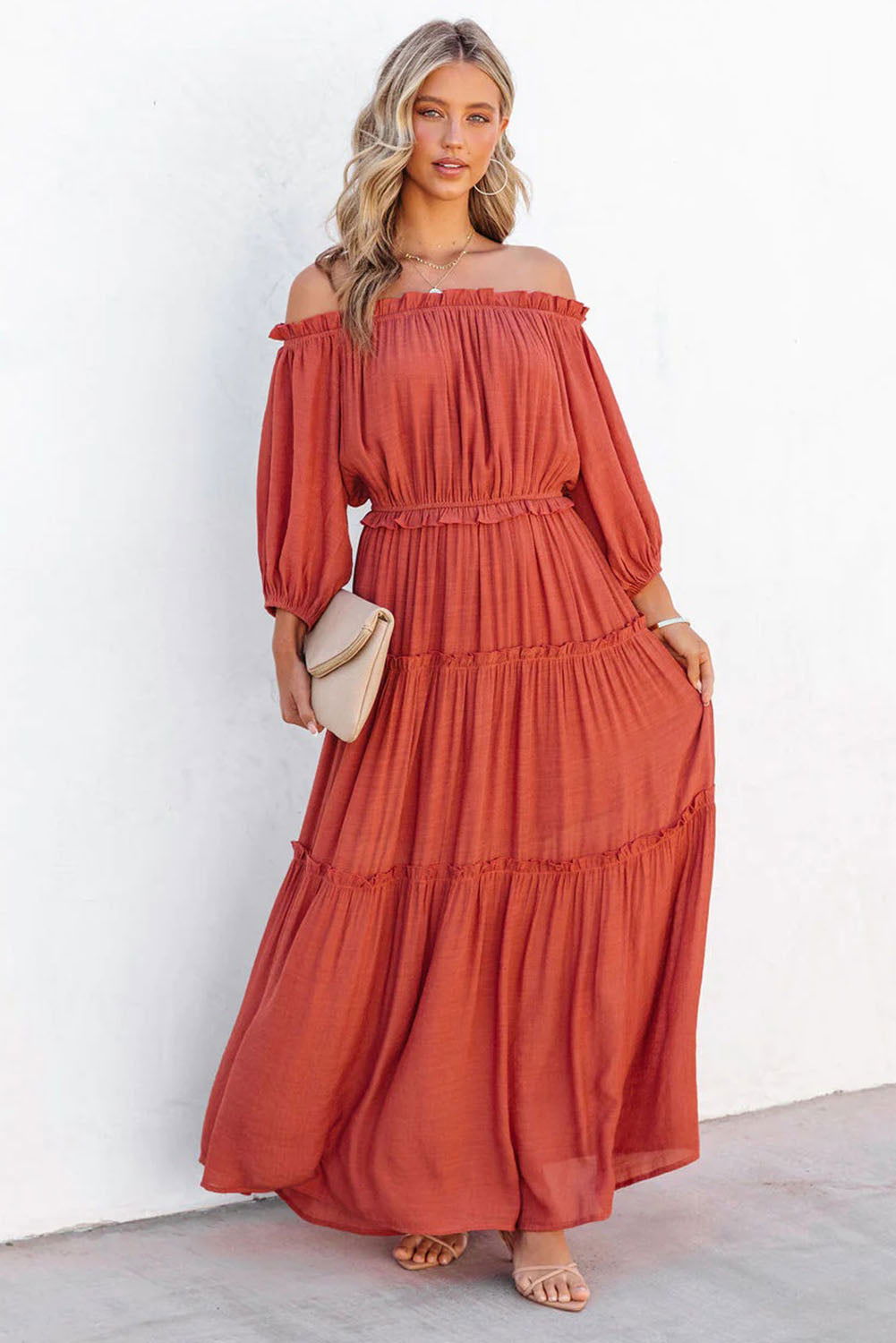 Orange Off Shoulder Balloon Sleeve Cutout Ruffled Maxi Dress - Vesteeto