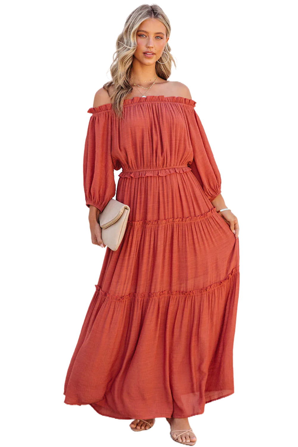 Orange Off Shoulder Balloon Sleeve Cutout Ruffled Maxi Dress - Vesteeto