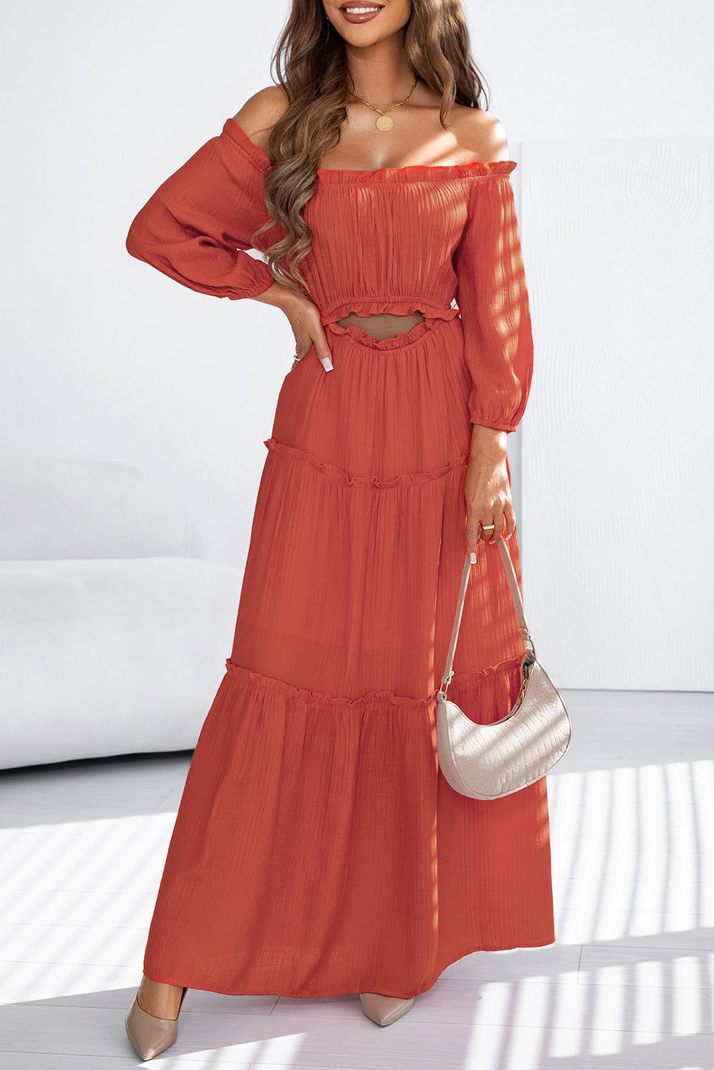 Orange Off Shoulder Balloon Sleeve Cutout Ruffled Maxi Dress - Vesteeto