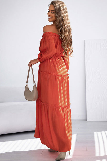 Orange Off Shoulder Balloon Sleeve Cutout Ruffled Maxi Dress - Vesteeto