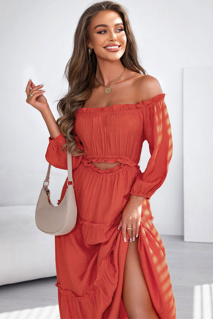 Orange Off Shoulder Balloon Sleeve Cutout Ruffled Maxi Dress - Vesteeto