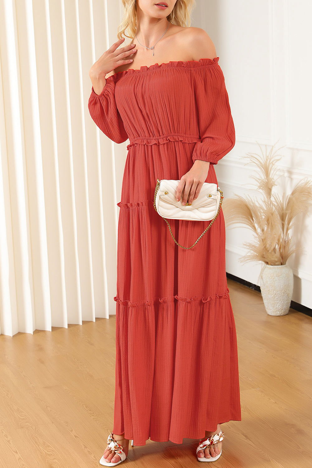 Orange Off Shoulder Balloon Sleeve Cutout Ruffled Maxi Dress - Vesteeto