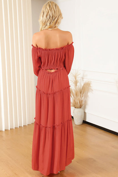 Orange Off Shoulder Balloon Sleeve Cutout Ruffled Maxi Dress - Vesteeto