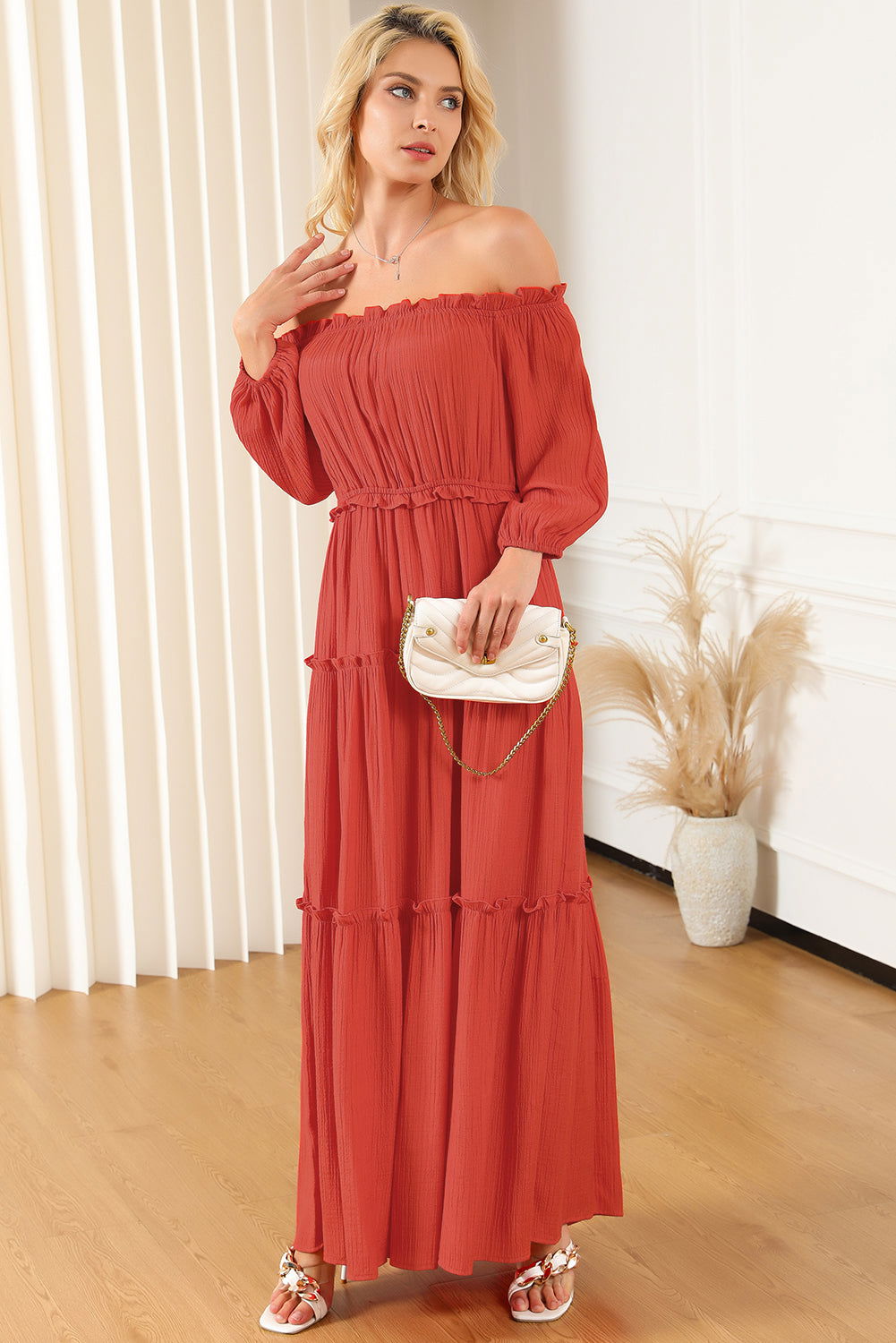 Orange Off Shoulder Balloon Sleeve Cutout Ruffled Maxi Dress - Vesteeto