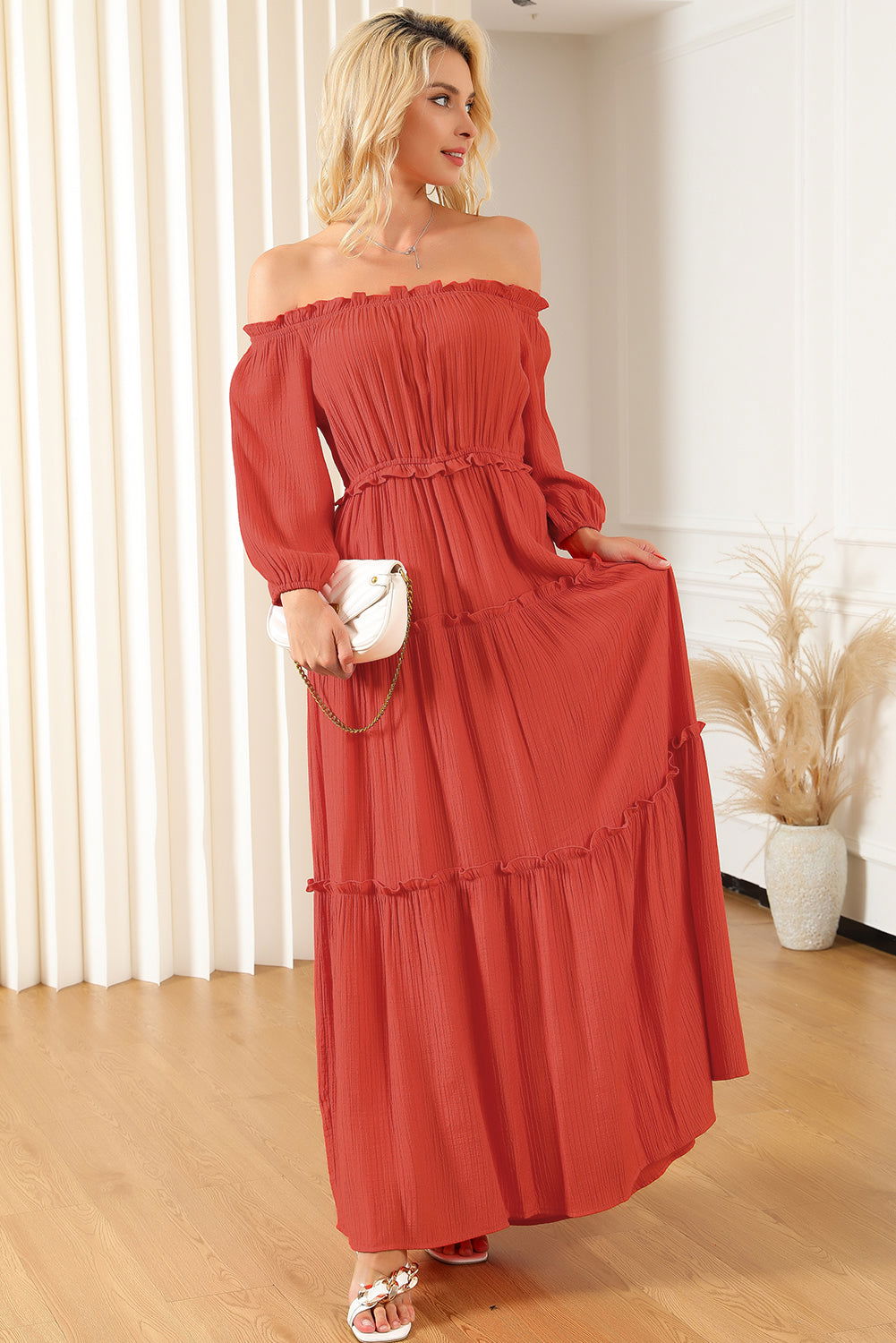 Orange Off Shoulder Balloon Sleeve Cutout Ruffled Maxi Dress - Vesteeto