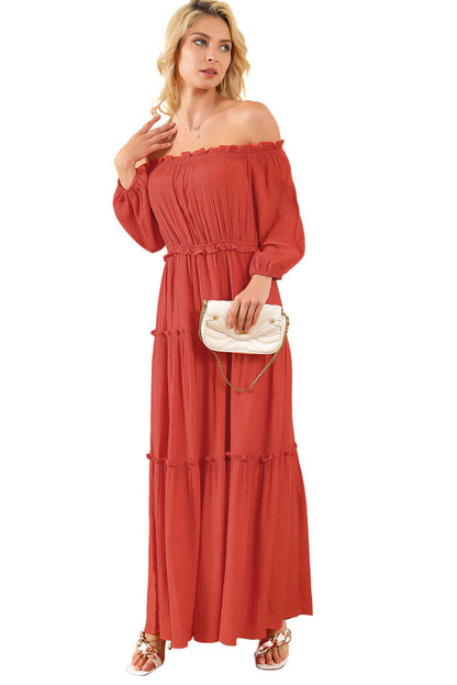 Orange Off Shoulder Balloon Sleeve Cutout Ruffled Maxi Dress - Vesteeto