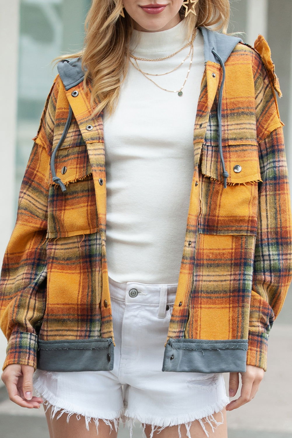 Orange Plaid Patchwork Frayed Trim Snap Button Hooded Jacket - Vesteeto