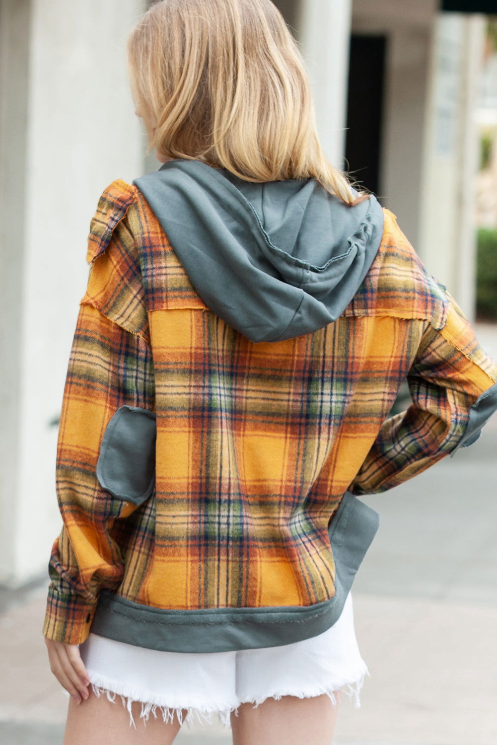 Orange Plaid Patchwork Frayed Trim Snap Button Hooded Jacket - Vesteeto