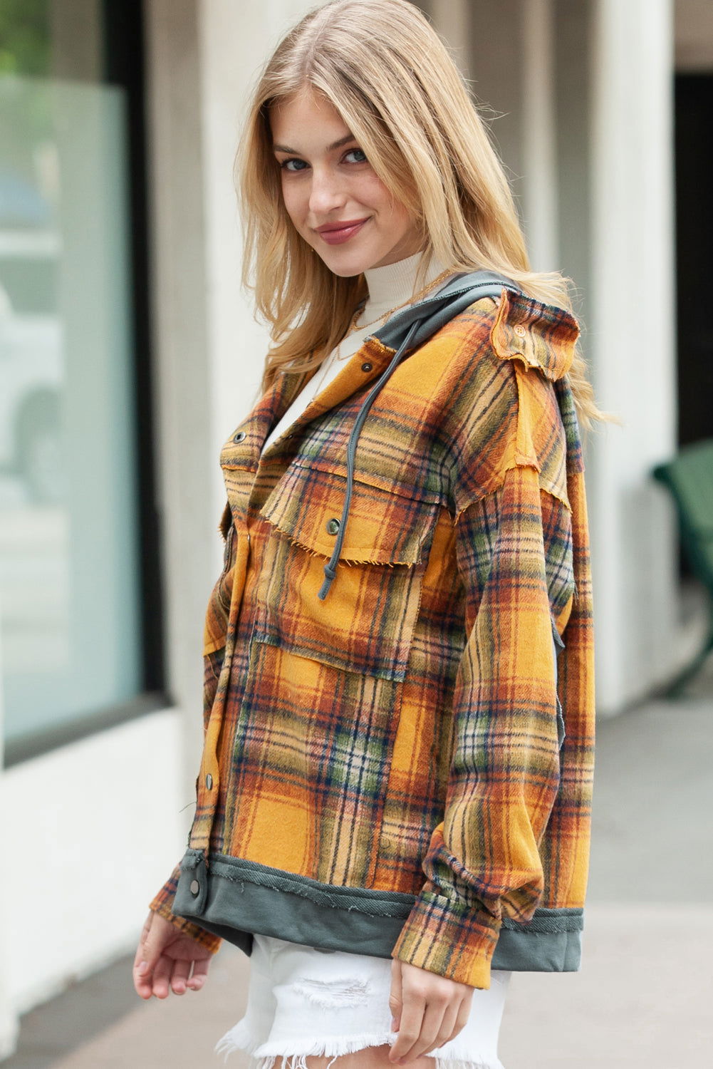 Orange Plaid Patchwork Frayed Trim Snap Button Hooded Jacket - Vesteeto