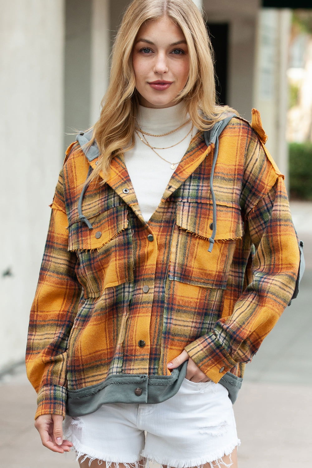 Orange Plaid Patchwork Frayed Trim Snap Button Hooded Jacket - Vesteeto