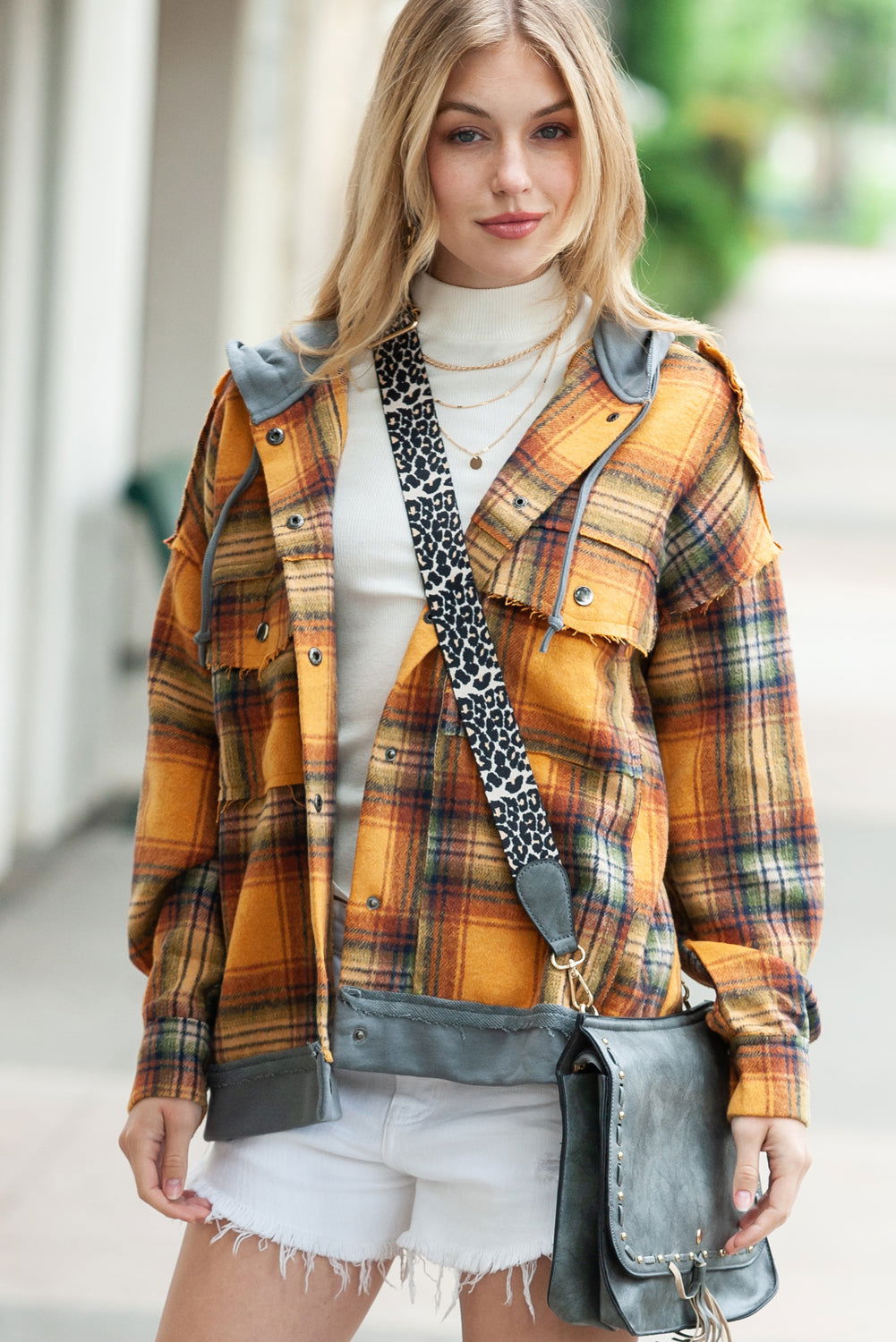 Orange Plaid Patchwork Frayed Trim Snap Button Hooded Jacket - Vesteeto