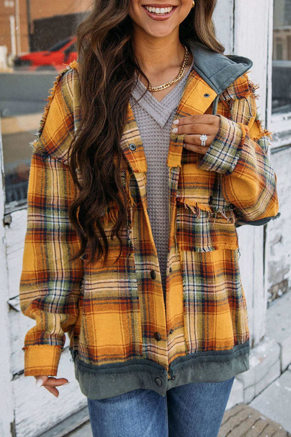 Orange Plaid Patchwork Frayed Trim Snap Button Hooded Jacket - Vesteeto