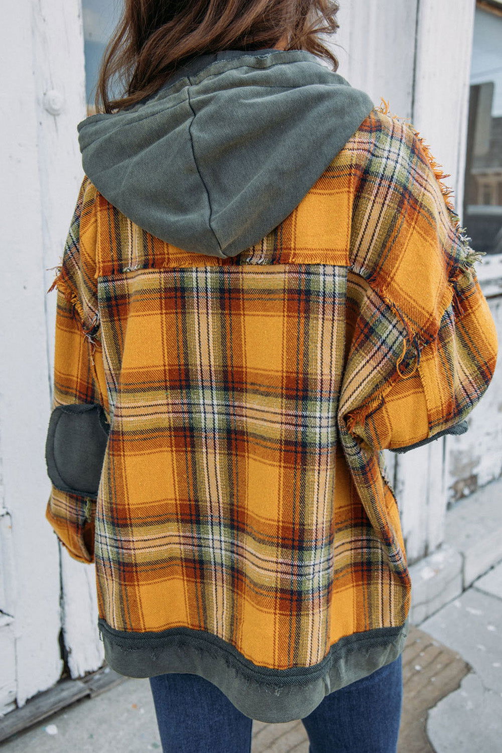 Orange Plaid Patchwork Frayed Trim Snap Button Hooded Jacket - Vesteeto