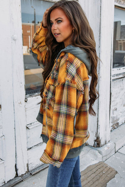 Orange Plaid Patchwork Frayed Trim Snap Button Hooded Jacket - Vesteeto