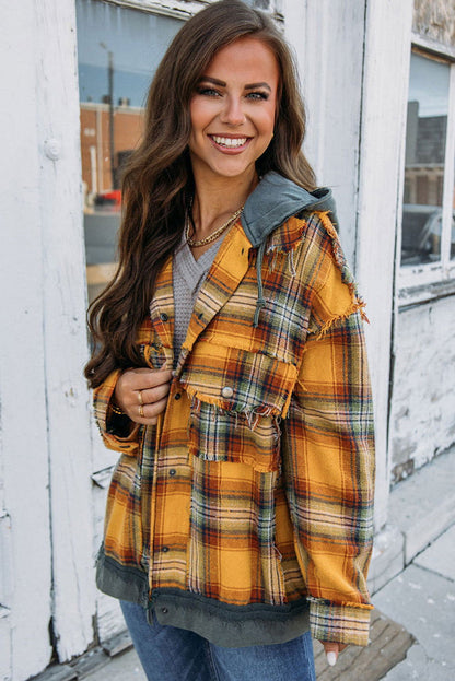 Orange Plaid Patchwork Frayed Trim Snap Button Hooded Jacket - Vesteeto