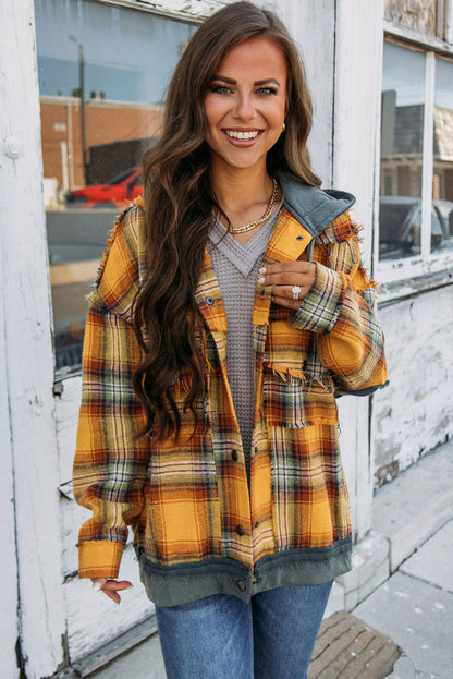 Orange Plaid Patchwork Frayed Trim Snap Button Hooded Jacket - Vesteeto