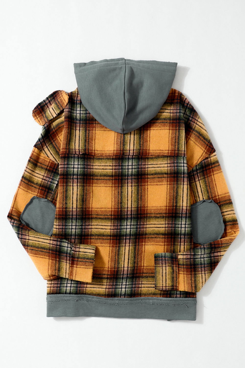 Orange Plaid Patchwork Frayed Trim Snap Button Hooded Jacket - Vesteeto