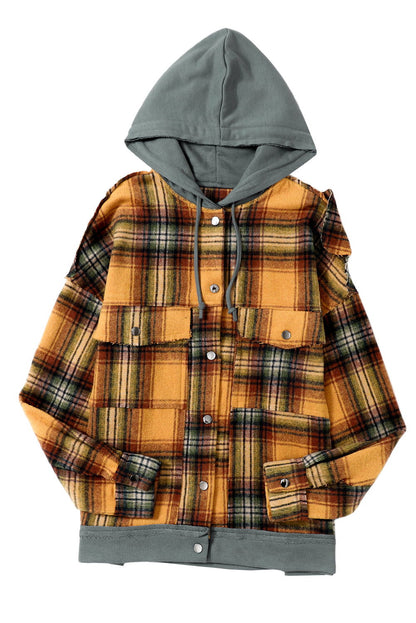 Orange Plaid Patchwork Frayed Trim Snap Button Hooded Jacket - Vesteeto