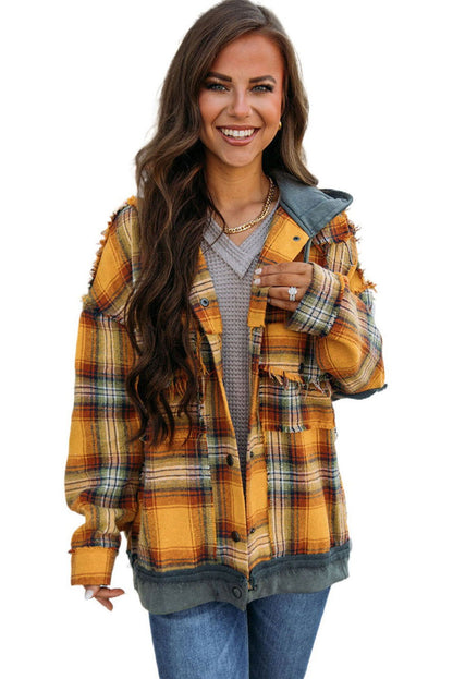 Orange Plaid Patchwork Frayed Trim Snap Button Hooded Jacket - Vesteeto