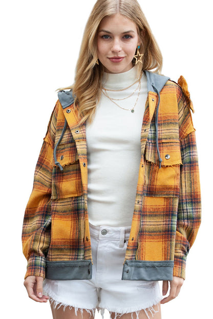 Orange Plaid Patchwork Frayed Trim Snap Button Hooded Jacket - Vesteeto