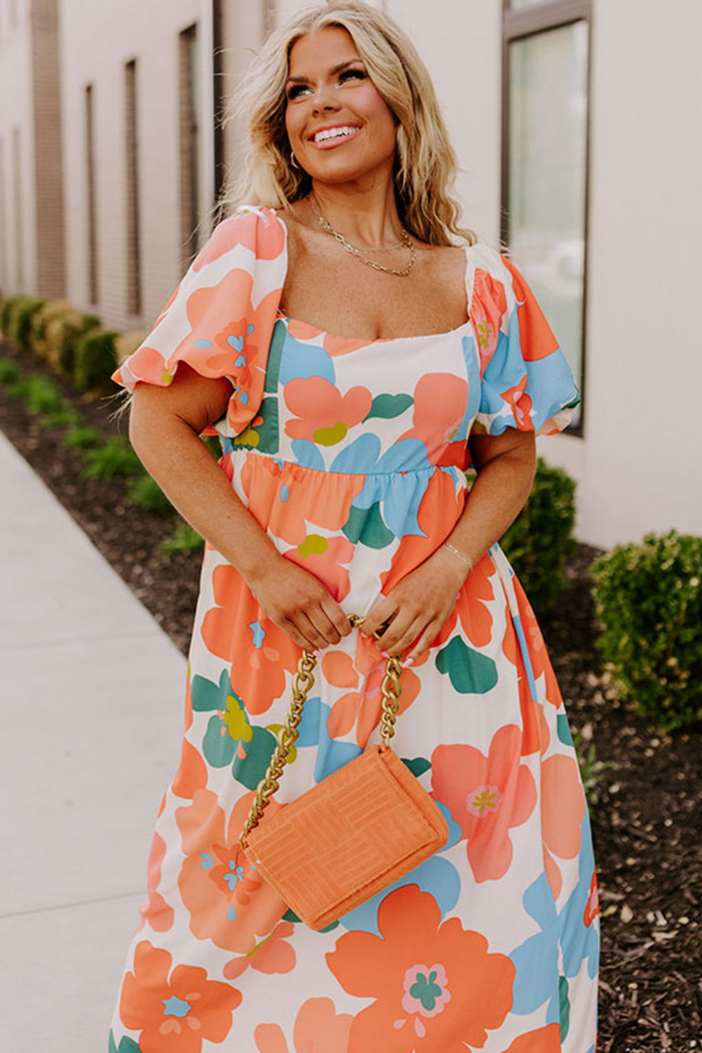 Orange Plus Size Floral Print Square Neck Maxi Dress - Vesteeto