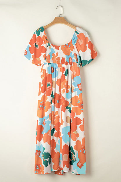 Orange Plus Size Floral Print Square Neck Maxi Dress - Vesteeto