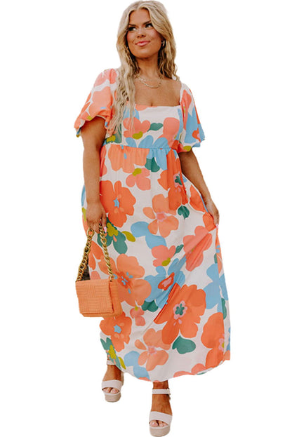 Orange Plus Size Floral Print Square Neck Maxi Dress - Vesteeto