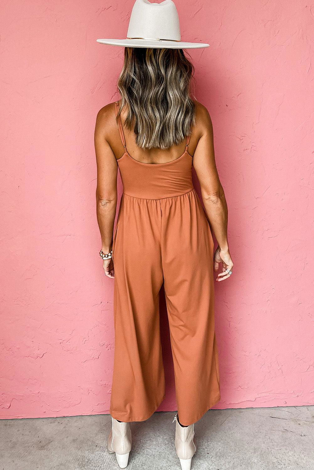 Orange Solid Color Spaghetti Straps Wide Leg Jumpsuit - Vesteeto