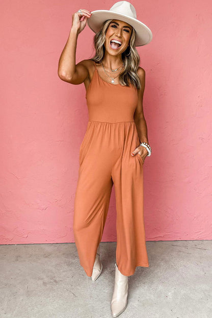 Orange Solid Color Spaghetti Straps Wide Leg Jumpsuit - Vesteeto