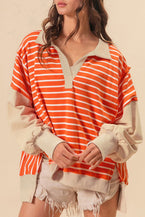 Orange Stripe Color Block Loose Fit Collared Drop Shoulder Sweatshirt - Vesteeto