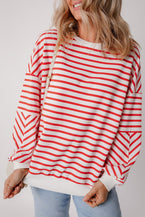 Orange Stripe Drop Shoulder Crew Neck Loose Sweatshirt - Vesteeto