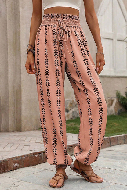 Orange Stripe Geometric Print Smocked Drawstring Pants - Vesteeto