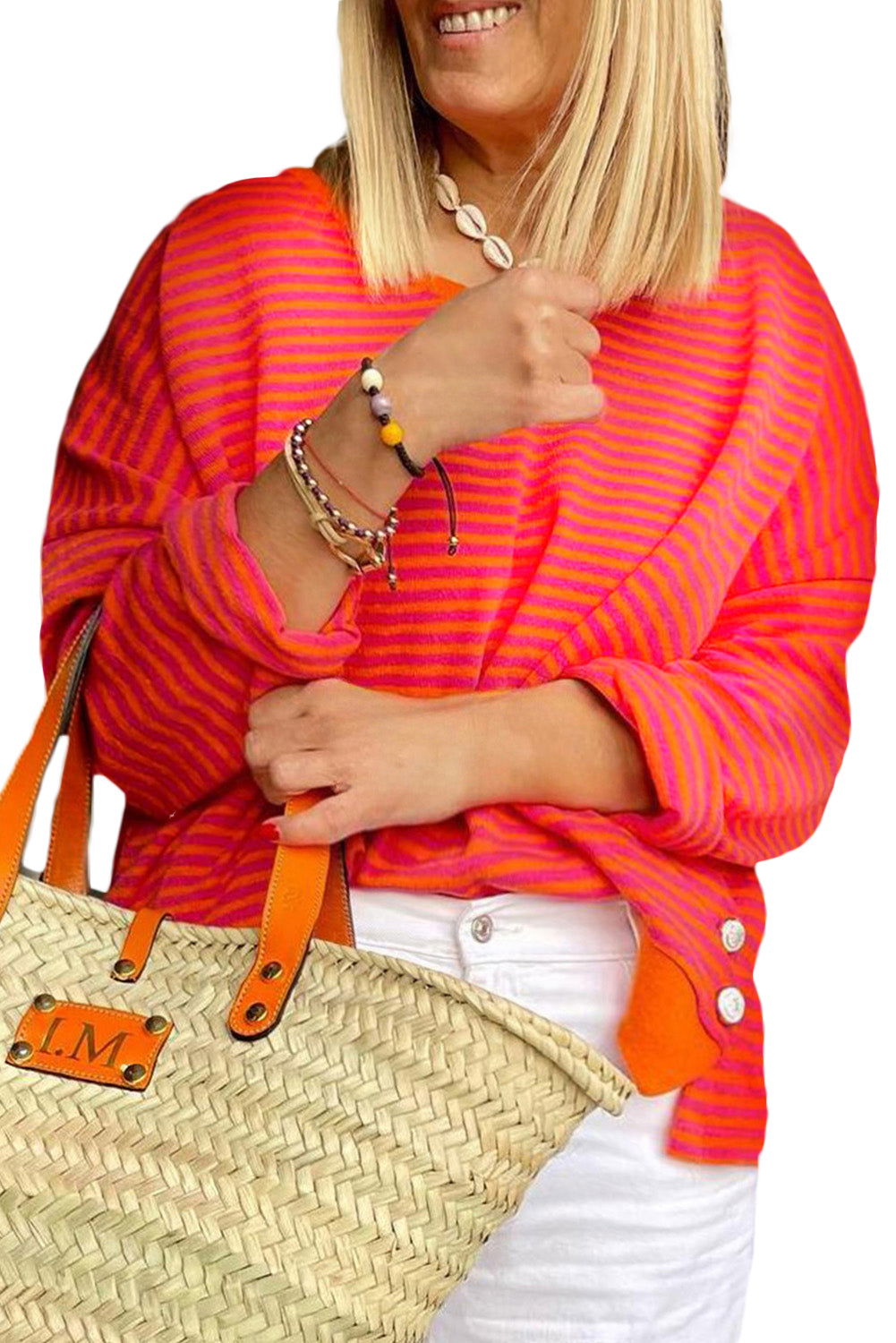 Orange Stripe Plus Size Drop Shoulder Long Sleeve Top - Vesteeto