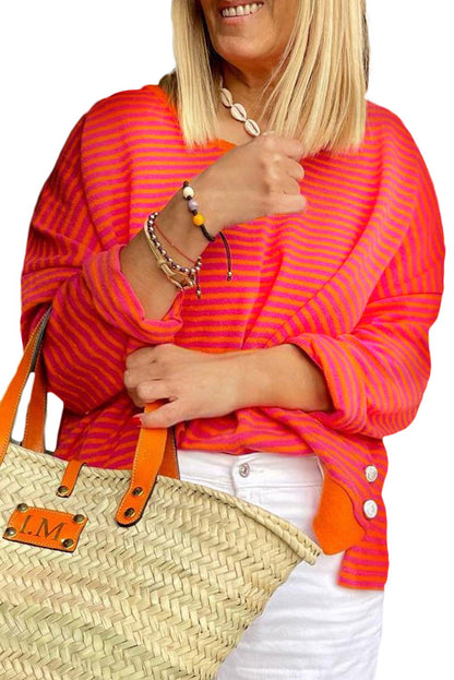 Orange Stripe Plus Size Drop Shoulder Long Sleeve Top - Vesteeto