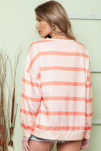 Orange Striped Print Drop Shoulder Pullover Sweatshirt - Vesteeto