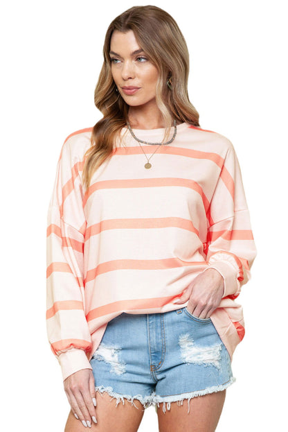 Orange Striped Print Drop Shoulder Pullover Sweatshirt - Vesteeto