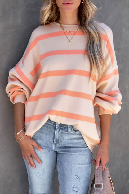 Orange Striped Print Drop Shoulder Pullover Sweatshirt - Vesteeto