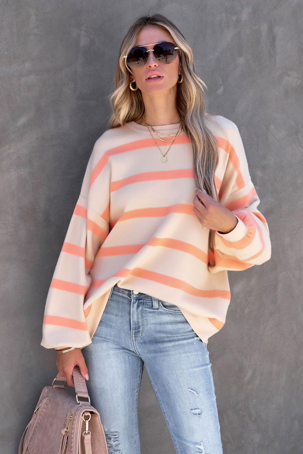 Orange Striped Print Drop Shoulder Pullover Sweatshirt - Vesteeto