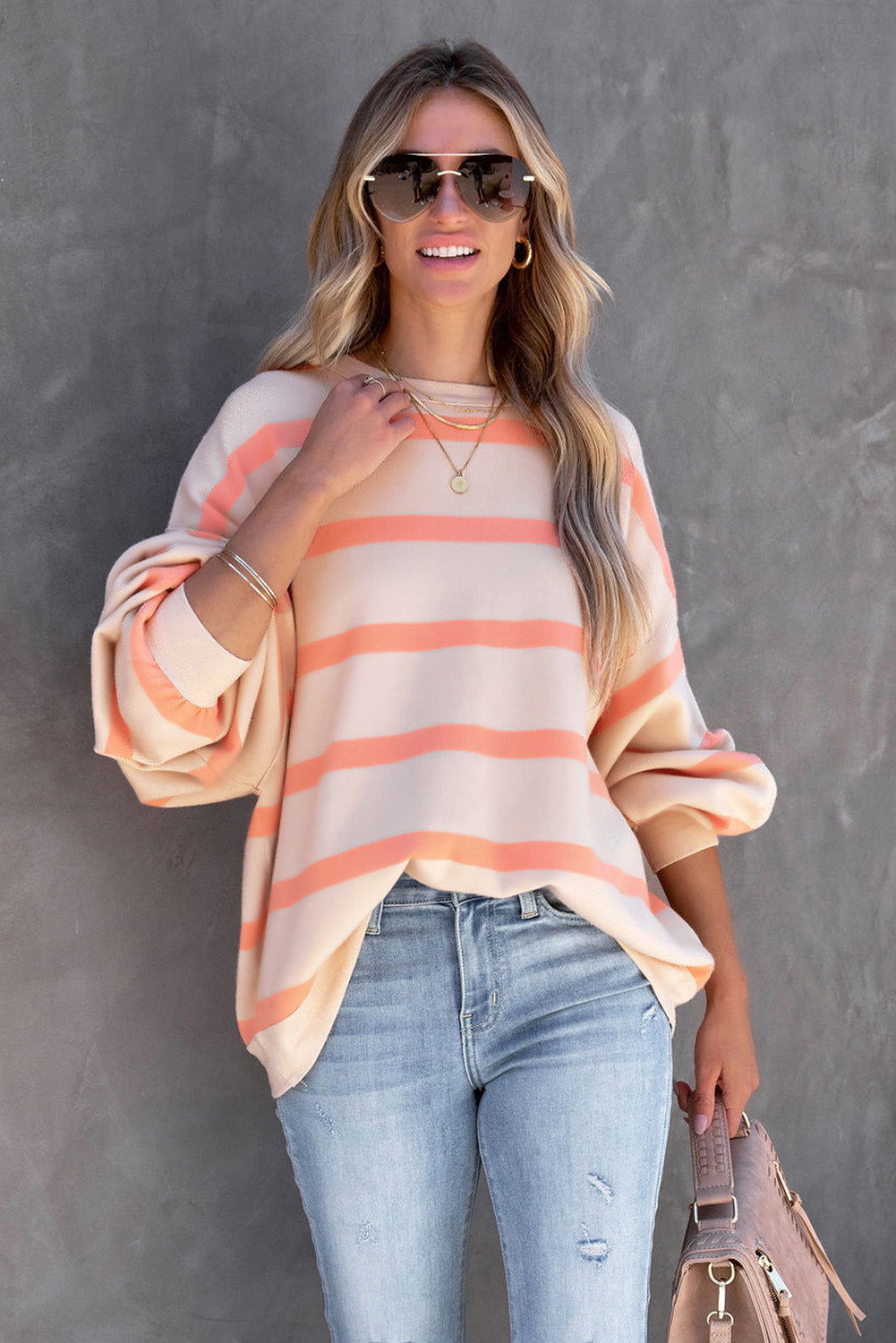 Orange Striped Print Drop Shoulder Pullover Sweatshirt - Vesteeto