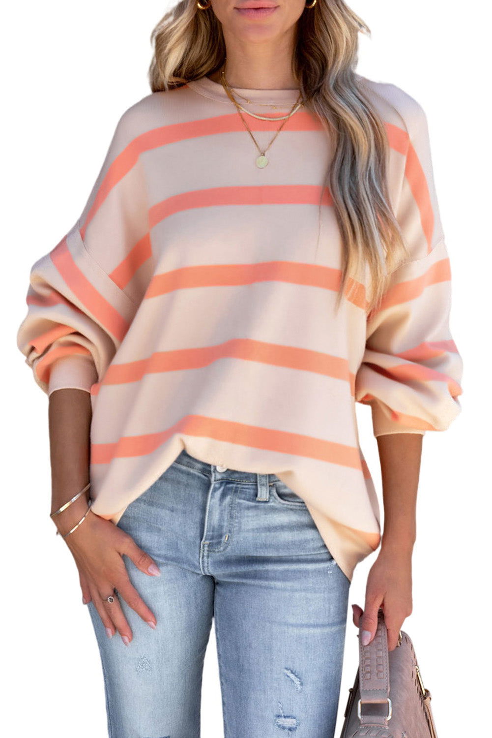 Orange Striped Print Drop Shoulder Pullover Sweatshirt - Vesteeto