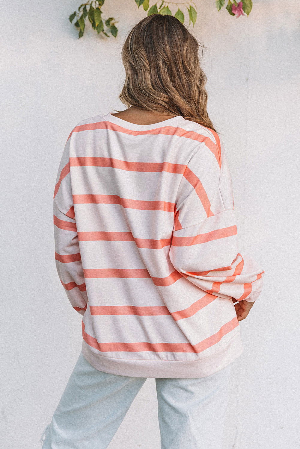 Orange Striped Print Drop Shoulder Pullover Sweatshirt - Vesteeto